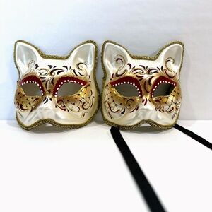 Two Original Venezia Italy Hand Made Paper Mache Cat Masks * Party Masquerade